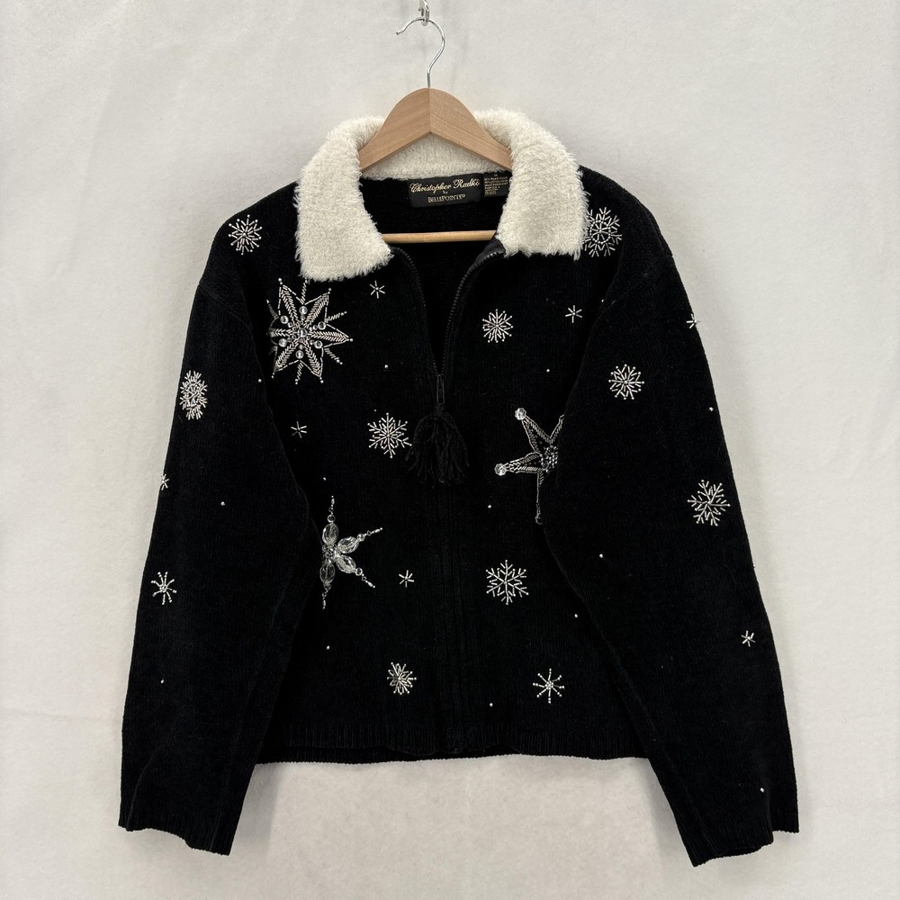 Vintage Christopher Radko Bellepointe Sweater Womens 1X Black Beaded Full Zip